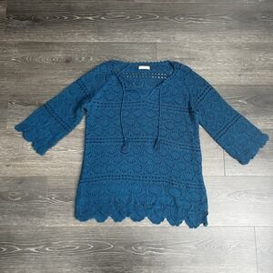 Lucky Brand Womens Crochet 3/4 Sleeve Top Blue Tassel Scalloped Bohemian M